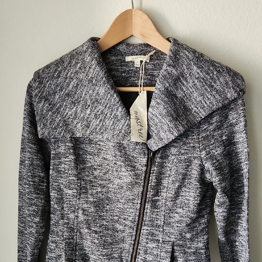 Mystree Textured Gray Knit Jacket Blazer Asymmetric Zip Drape Collar Sz S NWT